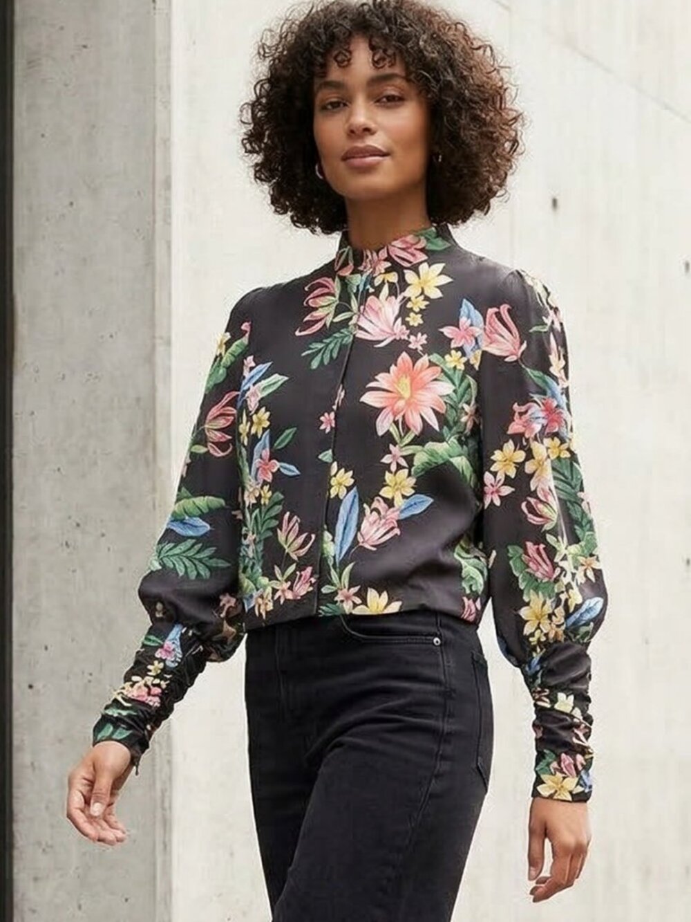 Zara Dark Floral Blousey Bomber Jacket Size S